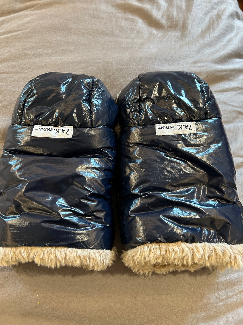 7 A.M. Enfant Navy Puffer Stroller Muff with Faux Fur Lining
